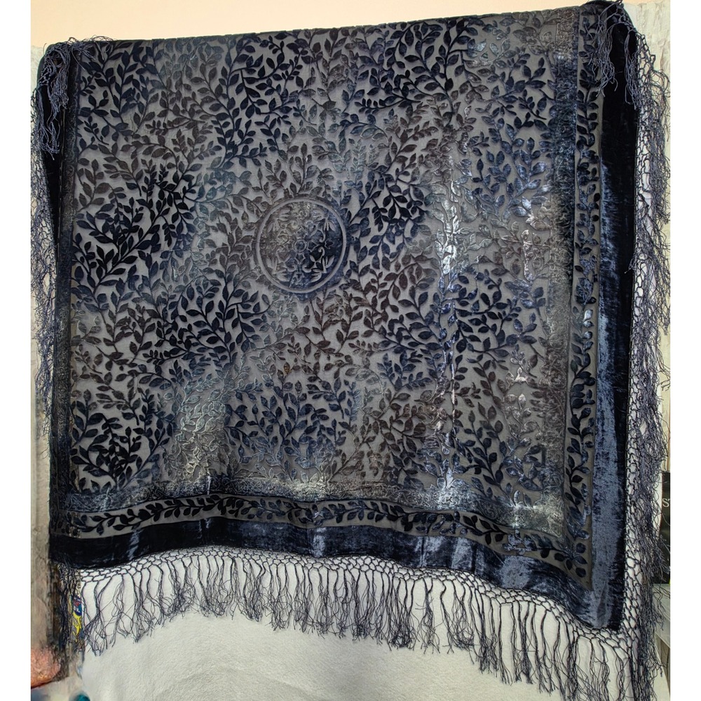 Vintage Style Burnout Velvet Fringe Shawl Navy Blue Floral Medallion Wrap 42x42